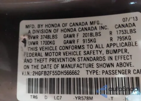 2013 Honda Civic Lx from USA, damaged, VIN 2HGFB2F55DH566662